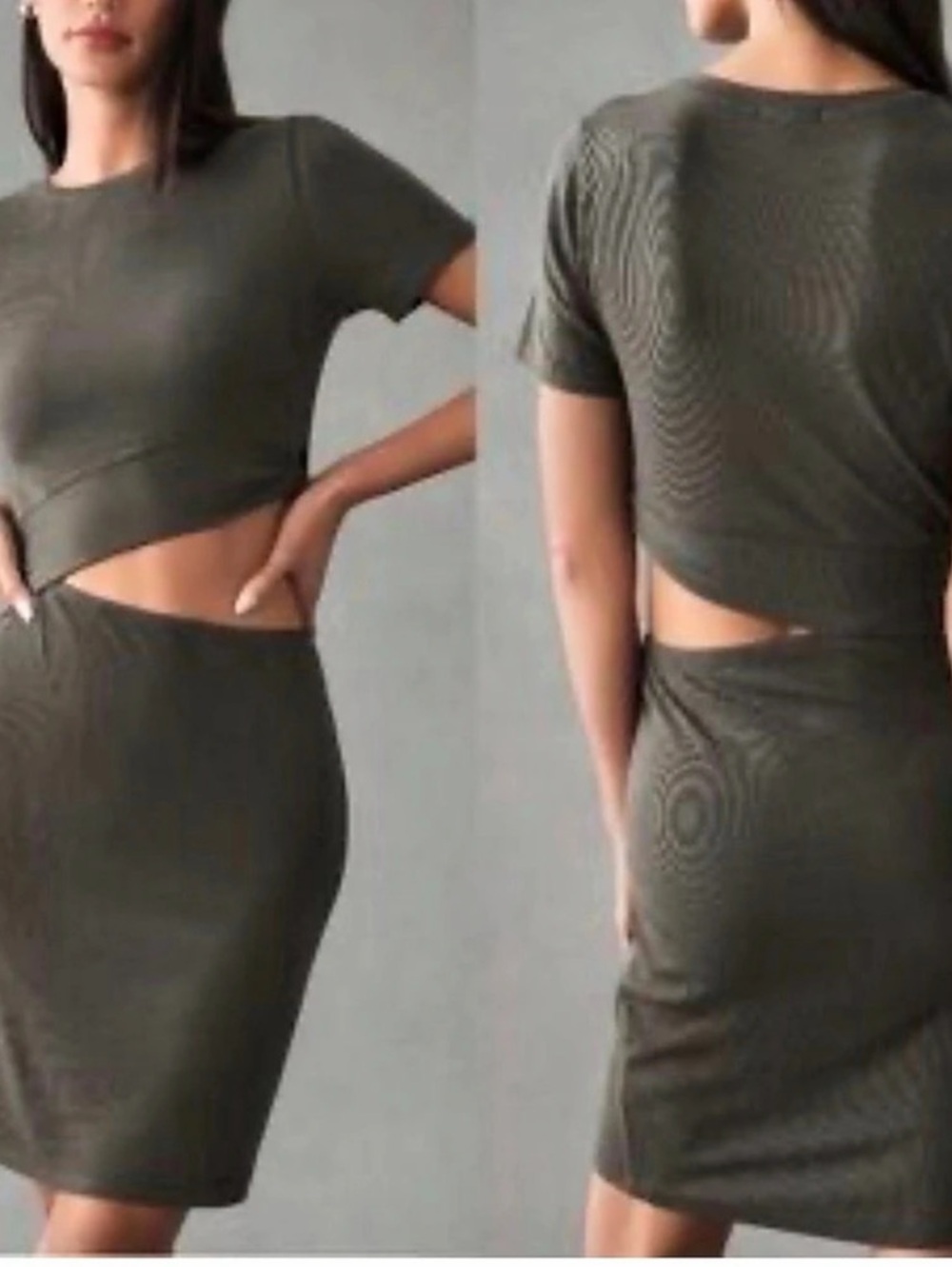 Bordeaux Ribbed cut out Mini dress Set in olive Medium